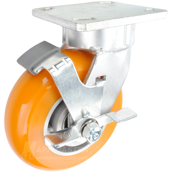 6" x 2" Orange Poly on Aluminum Wheel Kingpinless Swivel Brake Caster - 1,000 Lbs Capacity Part # P51062UXBBTLB