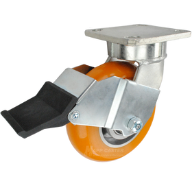 6" x 2" Orange Poly on Aluminum Wheel Kingpinless Swivel Caster with Face Contact Brake - 1,000 Lbs Capacity Part # P51062UXBBFCB