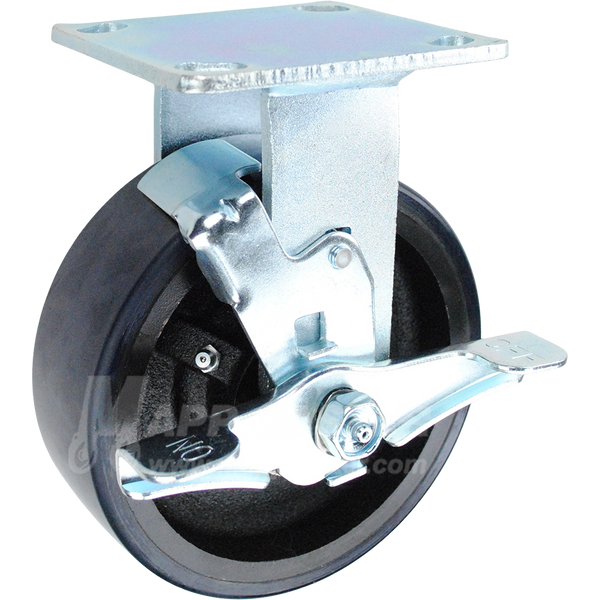 6" x 2" Polyurethane on Iron Wheel Kingpinless Rigid Brake Caster - 1,400 Lbs Capacity Part # P5006201602TLB