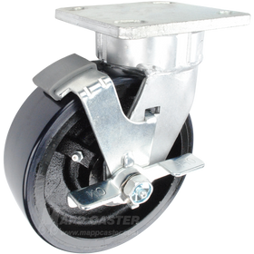 6" x 2" Polyurethane on Iron Wheel Kingpinless Swivel Brake Caster - 1,400 Lbs Capacity Part # P5106201601TLB