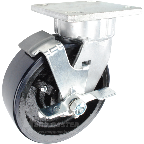 6" x 2" Polyurethane on Iron Wheel Kingpinless Swivel Brake Caster - 1,400 Lbs Capacity Part # P5106201601TLB
