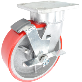 6" x 2" Red Polyurethane on Iron Wheel Kingpinless Swivel Brake Caster - 1,200 Lbs Capacity Part # P51062PURBTLB