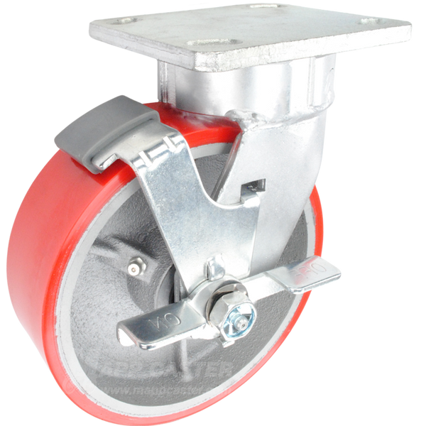 6" x 2" Red Polyurethane on Iron Wheel Kingpinless Swivel Brake Caster - 1,200 Lbs Capacity Part # P51062PURBTLB