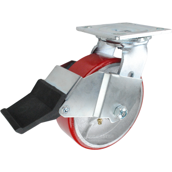6" x 2" Red Polyurethane on Iron Wheel Swivel Caster with Face Contact Brake - 1,200 Lbs Capacity Part # 146PURB620SFCB