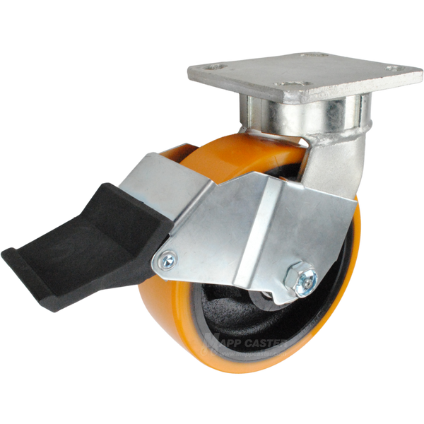 6" x 2" Titan Polyurethane on Iron Wheel Kingpinless Swivel Caster with Face Contact Brake - 2,000 Lbs Capacity Part # P51062PXBBFCB