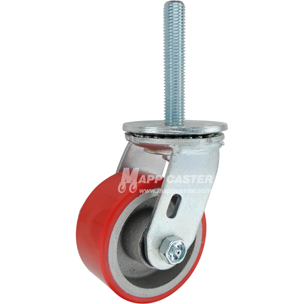 4" x 2" Red Polyurethane on Iron Wheel Swivel Caster, 3/4"-10 x 4 Threaded Stem - 800 Lbs Capacity