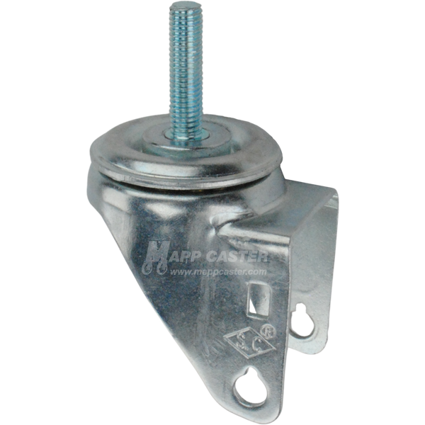 A bright zinc plated swivel caster rig with a 1-1/2-inch long 10 mm threaded stem, showing a double ball raceway.