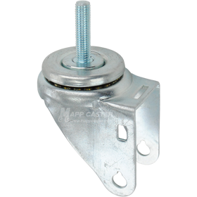 A bright zinc plated swivel caster rig for 3.5 inch wheels with a 10mm threaded stem, showing a double ball raceway