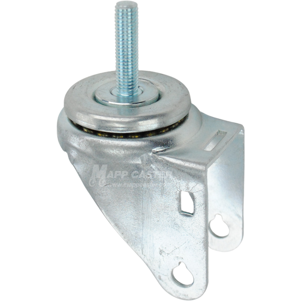 A bright zinc plated swivel caster rig for 3.5 inch wheels with a 10mm threaded stem, showing a double ball raceway