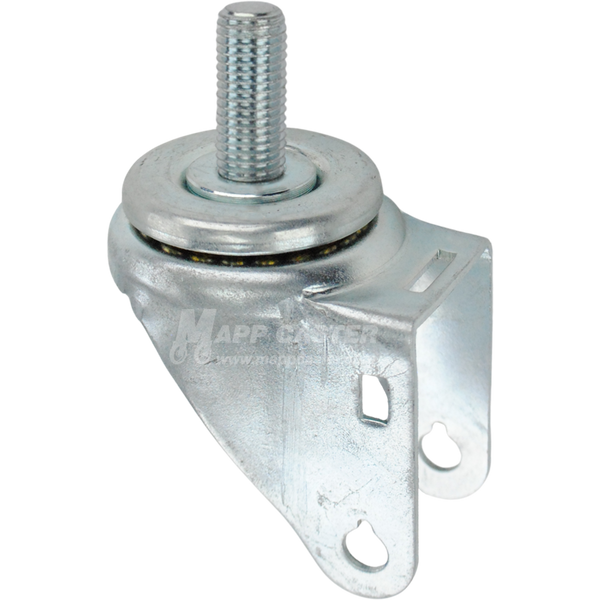 A bright zinc plated swivel caster rig for 3.5 inch wheels with a 16mm threaded stem, showing a double ball raceway