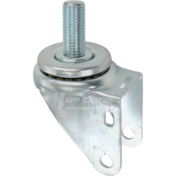 A bright zinc plated swivel caster rig for 3.5 inch wheels with a 20mm threaded stem, showing a double ball raceway