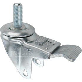 A bright zinc plated swivel caster rig with a total lock brake and a 1-1/2 inch long 3/4" threaded stem, showing a double ball raceway.