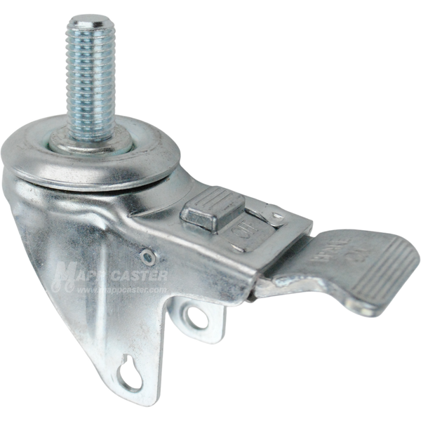 A bright zinc plated swivel caster rig with a total lock brake and a 1-1/2 inch long 3/4" threaded stem, showing a double ball raceway.