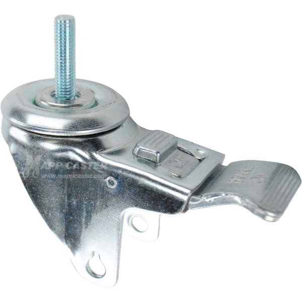 A bright zinc plated swivel caster rig with a total lock brake and a 1-1/2 inch long 3/8" threaded stem, showing a double ball raceway.