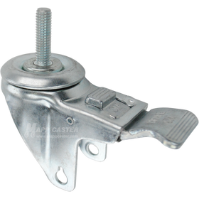 A bright zinc plated swivel caster rig with a total lock brake and a 1-1/2 inch long 7/16" threaded stem, showing a double ball raceway.