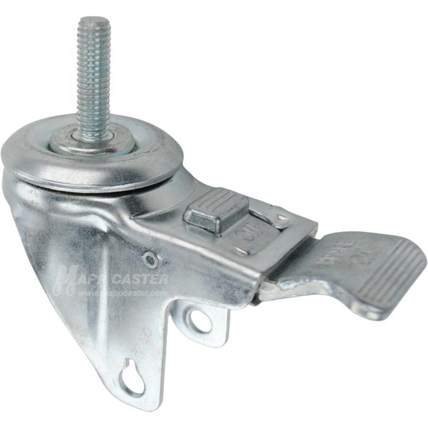 A bright zinc plated swivel caster rig with a total lock brake and a 1-1/2 inch long 7/16" threaded stem, showing a double ball raceway.