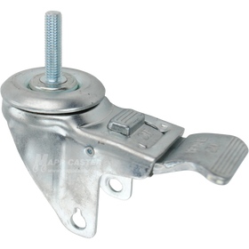 A bright zinc plated swivel caster rig with a total lock brake and a 1-1/2 inch long 10mm threaded stem, showing a double ball raceway.