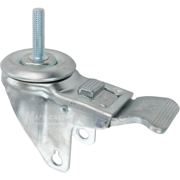 A bright zinc plated swivel caster rig with a total lock brake and a 1-1/2 inch long 10mm threaded stem, showing a double ball raceway.