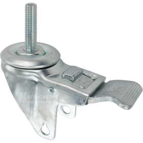A bright zinc plated swivel caster rig with a total lock brake and a 1-1/2 inch long 12mm threaded stem, showing a double ball raceway.