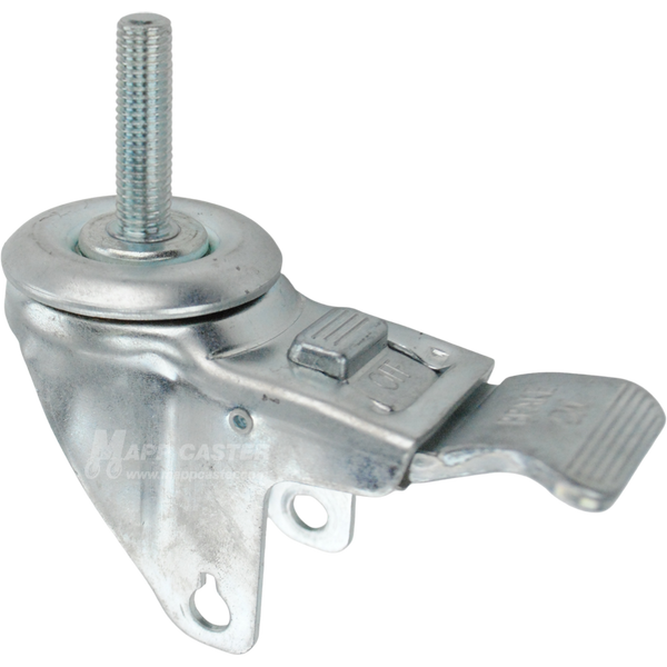 A bright zinc plated swivel caster rig with a total lock brake and a 1-1/2 inch long 12mm threaded stem, showing a double ball raceway.