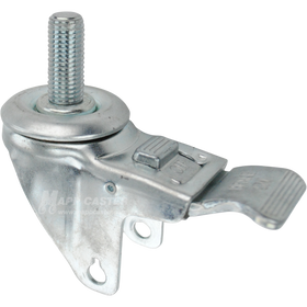 A bright zinc plated swivel caster rig with a total lock brake and a 1-1/2 inch long 16mm threaded stem, showing a double ball raceway.