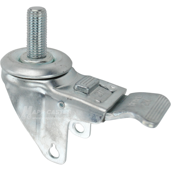 A bright zinc plated swivel caster rig with a total lock brake and a 1-1/2 inch long 16mm threaded stem, showing a double ball raceway.