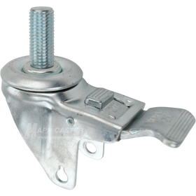 A bright zinc plated swivel caster rig with a total lock brake and a 1-1/2 inch long 20mm threaded stem, showing a double ball raceway.