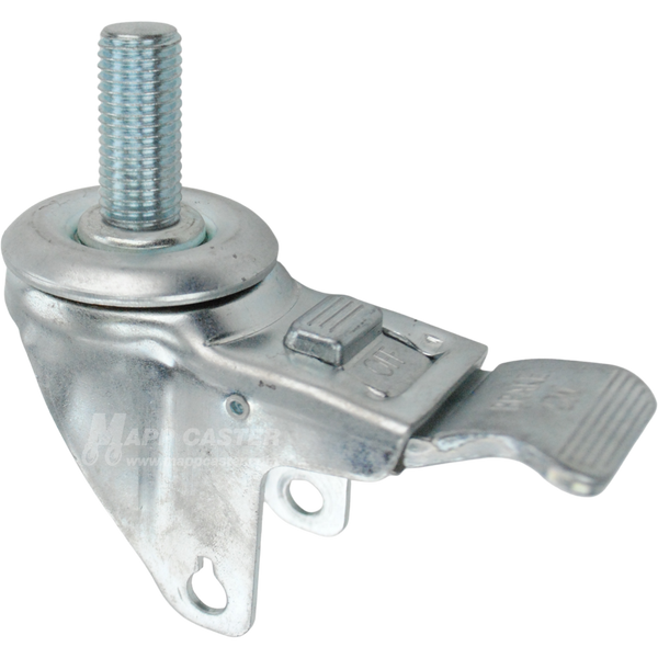 A bright zinc plated swivel caster rig with a total lock brake and a 1-1/2 inch long 20mm threaded stem, showing a double ball raceway.