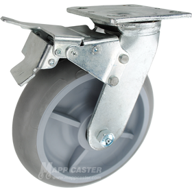 Grey Crowned TPR plate mounting swivel Brake caster, water, chemical, oil & grease resistant. 600 lbs Capacity