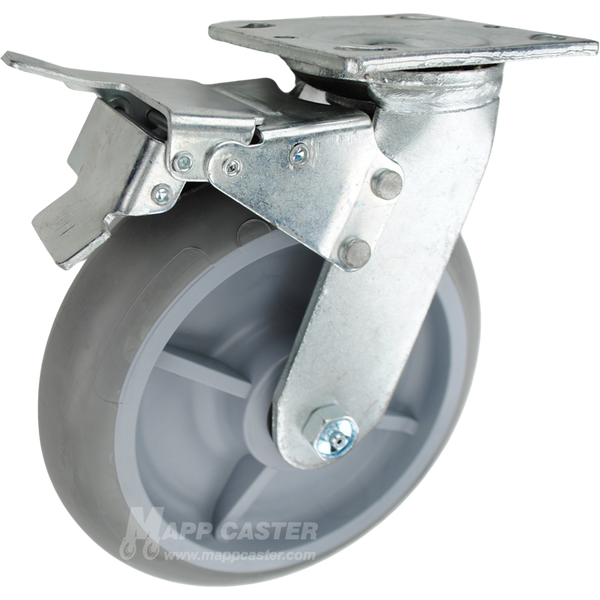 Grey Crowned TPR plate mounting swivel Brake caster, water, chemical, oil & grease resistant. 600 lbs Capacity