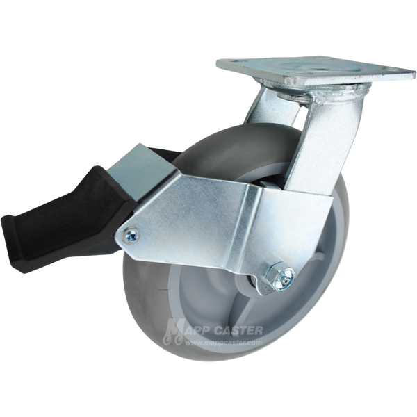 Grey Crowned TPR plate mounting swivel caster w/ face contact  brake, water, chemical, oil & grease resistant. Great for outdoors - 600 lbs Capacity