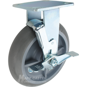 Grey Crowned TPR plate mounting rigid brake caster, water, chemical, oil & grease resistant. 600 lbs Capacity