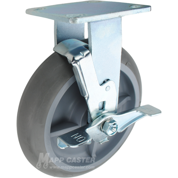 Grey Crowned TPR plate mounting rigid brake caster, water, chemical, oil & grease resistant. 600 lbs Capacity