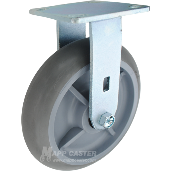 Grey Crowned TPR plate mounting rigid caster, water, chemical, oil & grease resistant. 600 lbs Capacity