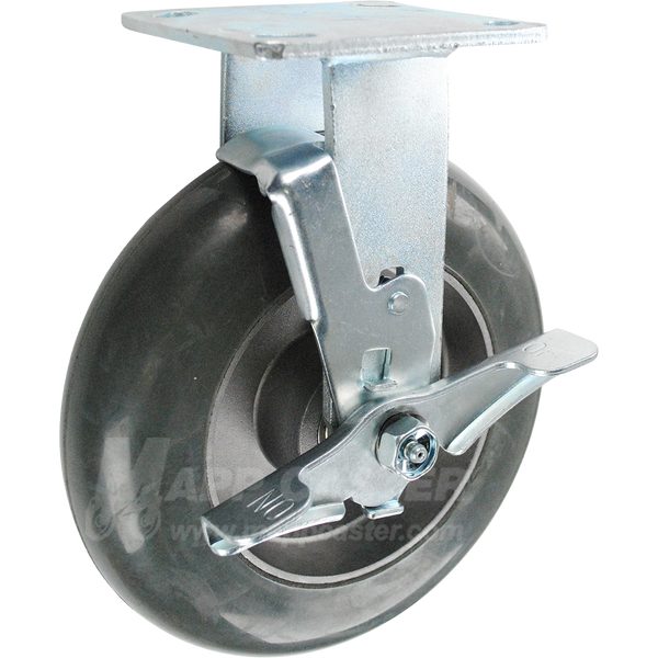 8" x 2" Balloon Cushion Wheel Rubber Kingpinless Rigid Brake Caster - 700 Lbs Capacity Part # P50082RNDTLB