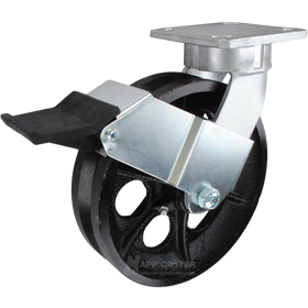 8" x 2" Cast Iron V-Groove Wheel Kingpinless Swivel Caster with Faceless Contact Brake - 1,200 Lbs Capacity Part # P51082VIRBFCB