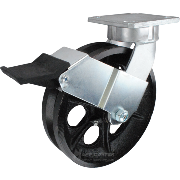 8" x 2" Cast Iron V-Groove Wheel Kingpinless Swivel Caster with Faceless Contact Brake - 1,200 Lbs Capacity Part # P51082VIRBFCB