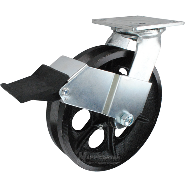 8" x 2" Cast Iron V-Groove Wheel Swivel Caster with Face Contact Brake - 1,200 Lbs Capacity Part # 146VIRB820SFCB