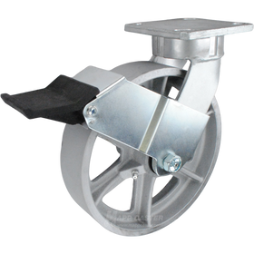 8" x 2" Cast Iron Wheel Kingpinless Swivel Caster with Face Contact Brake - 1,600 Lbs Capacity Part # P51082CIRBFCB