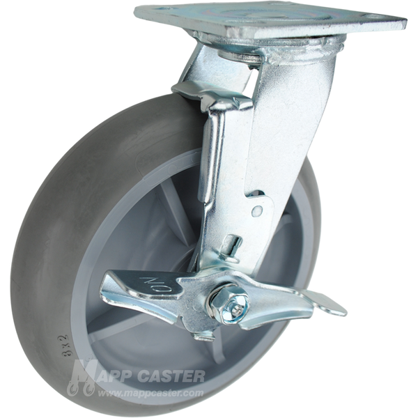 Crowned TPR plate mounting swivel Brake caster, water, chemical, oil & grease resistant. 600 lbs Capacity