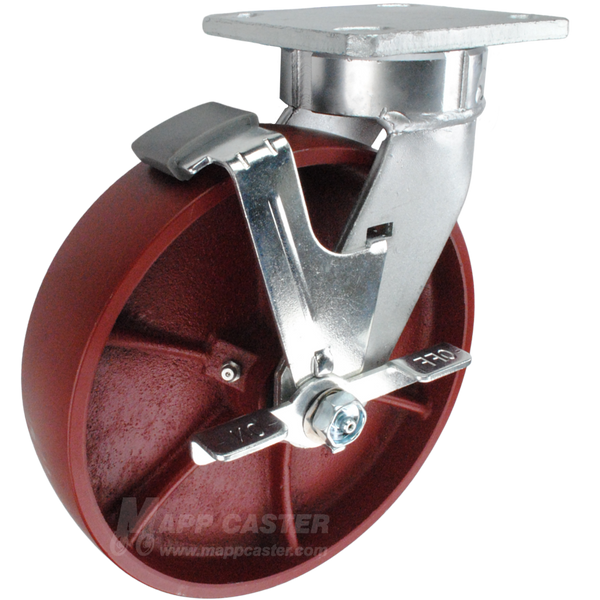 8" x 2" Ductile Steel Wheel Kingpinless Swivel Brake Caster - 2,000 Lbs Capacity Part # P51082DUCTTLB