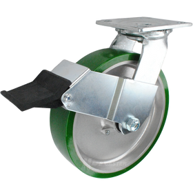 8" x 2" Green Polyurethane on Aluminum Wheel Swivel Caster with Face Contact Brake - 1,200 Lbs Capacity Part # 146UARB820SFCB
