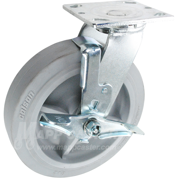 8" x 2" Grey Thermoplastic Rubber Wheel Swivel Brake Caster - Part # 146PERG820SB