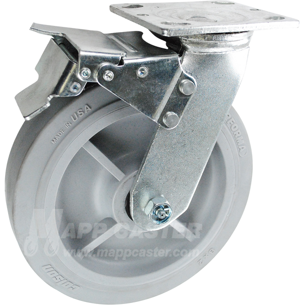 8" x 2" Grey Thermoplastic Rubber Wheel Swivel Caster with Total Locking Brake - Part # 146PERG820SBTL
