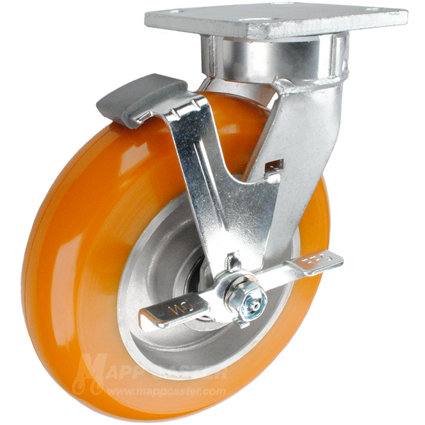8" x 2" Orange Poly on Aluminum Wheel Kingpinless Swivel Brake Caster - 1,200 Lbs Capacity Part # P51082UXBBTLB