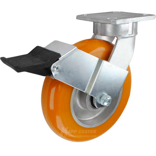8" x 2" Orange Poly on Aluminum Wheel Kingpinless Swivel Caster with Face Contact Brake - 1,200 Lbs Capacity Part # P51082UXBBFCB
