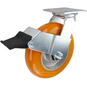8" x 2" Orange Poly on Aluminum Wheel Swivel Caster with Face Contact Brake - 1,200 Lbs Capacity Part # 146UXBB820SFCB