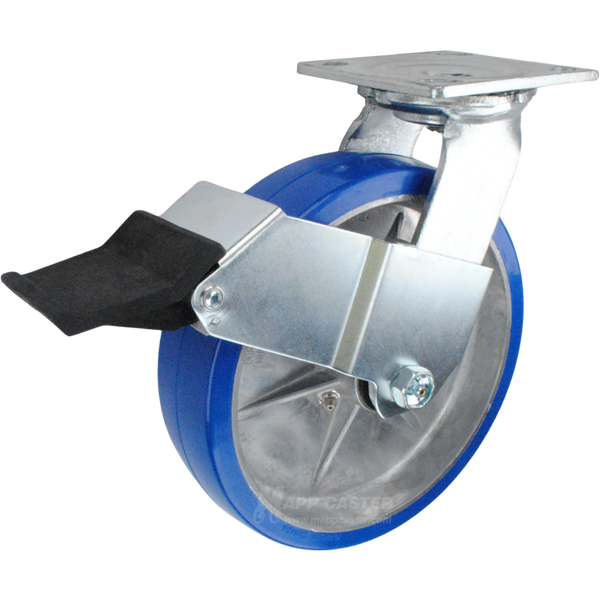 8" x 2" Polyurethane on Aluminum Wheel Swivel Caster with Face Contact Brake - 1,250 Lbs Capacity Part # 1463P7B820SFCB
