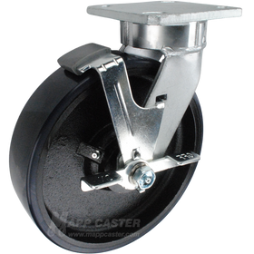 8" x 2" Polyurethane on Iron Wheel Kingpinless Swivel Brake Caster - 1,500 Lbs Capacity Part # P5108201601TLB