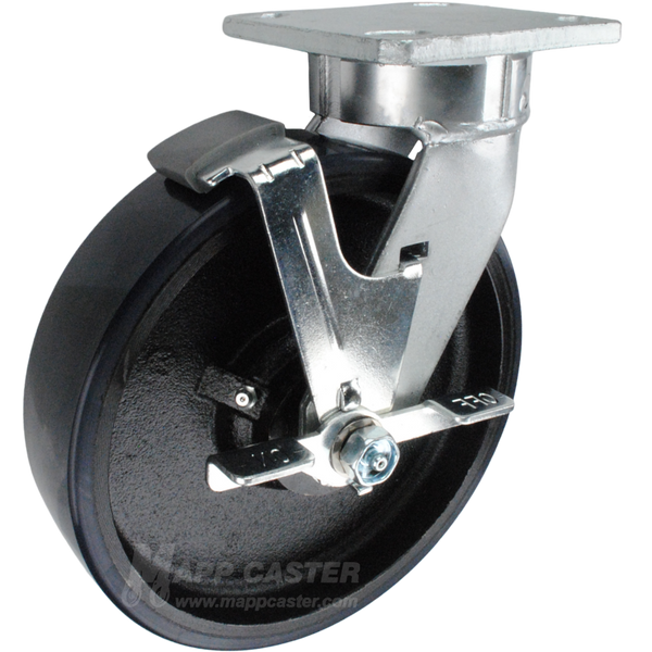 8" x 2" Polyurethane on Iron Wheel Kingpinless Swivel Brake Caster - 1,500 Lbs Capacity Part # P5108201601TLB